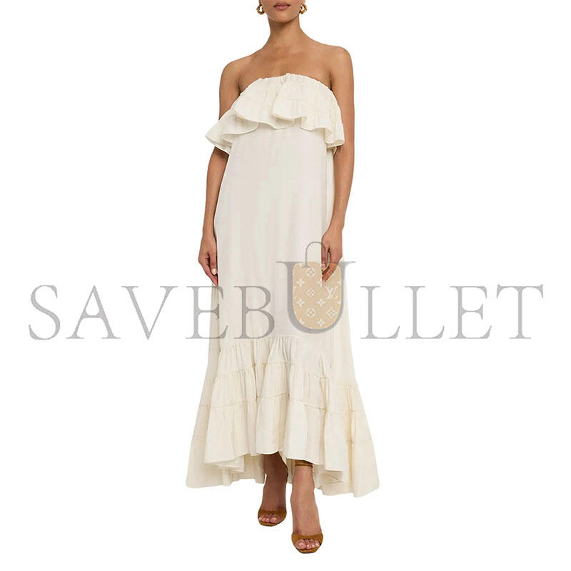 YSL STRAPLESS TIERED RUFFLE HIGH-LOW MIDI DRESS 